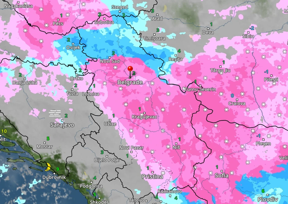Kretanje kiše i snega u četvrtak u 5 časova