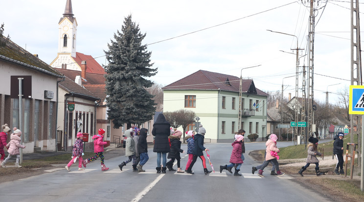 Az iskolások a 65-ös számú főút mellett gyalogolnak, majd át kell kelniük egy olyan zebrán, amely nem jól belátható / Fotó: Pozsonyi Zita