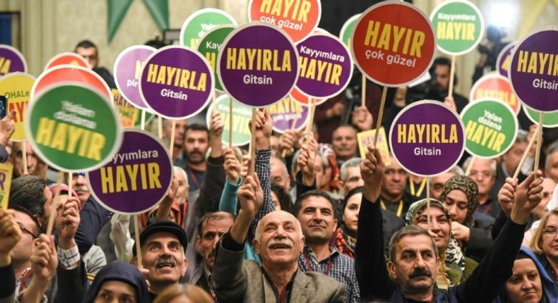 Turkish supporters of the Peoples' Democratic Party (HDP) launch the party's campaign for a No vote in April's referendum, during a rally in Istanbul, on March 2, 2017