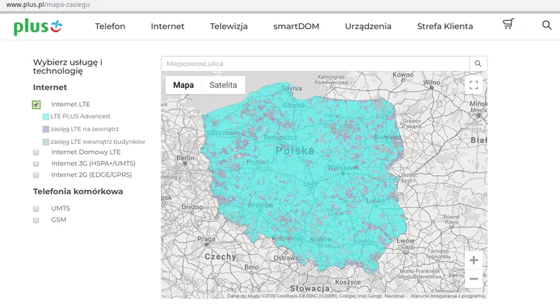 Strona www.plus.pl/mapa-zasiegu – tu sprawdzimy, czy w naszym regionie jest zasięg sieci LTE Plusa