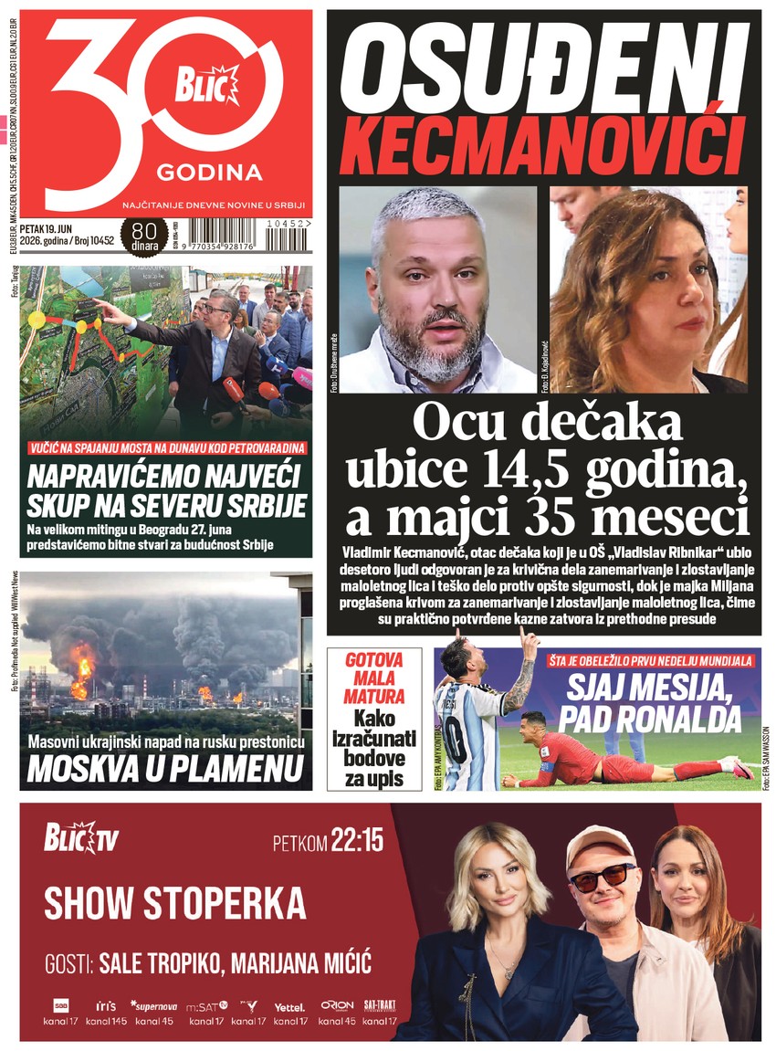 Blic naslovna strana za 19.6.