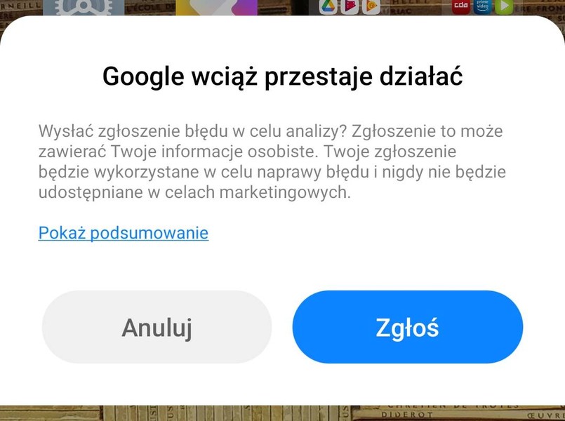 Komunikat o awarii aplikacji