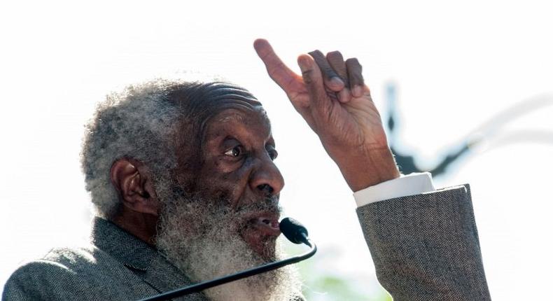 This file photo from February 2, 2015 shows comedian and civil rights activist Dick Gregory attending ceremonies where he was honored with a Star on the Hollywood Walk of Fame