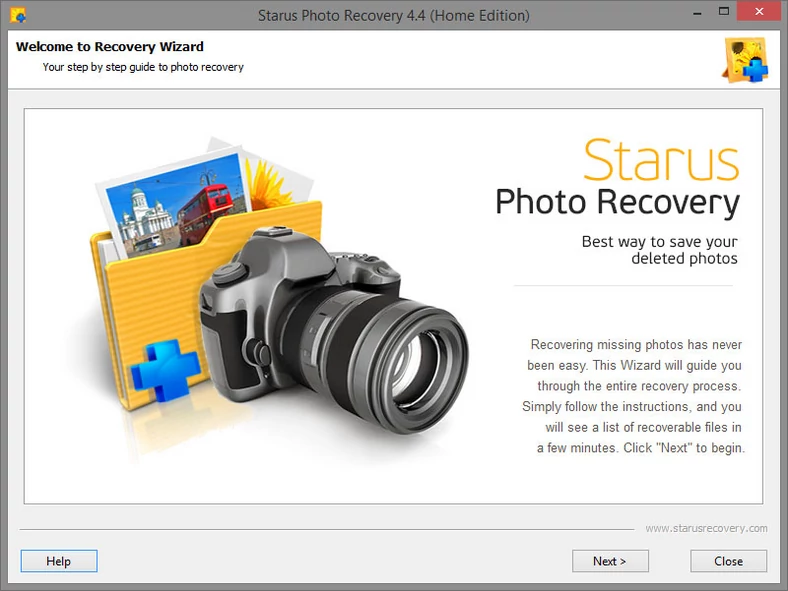 Główne okno programu do odzyskiwania fotografii cyfrowych w popularnych formatach - Starus Photo Recovery