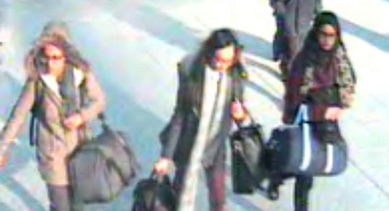 Shamima Begum, right, is shown here at Gatwick Airport along with two classmates who joined IS in Syria in 2015