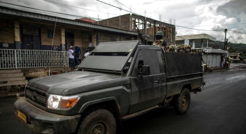 A Cameroonian Army armoured vehicle patrols the streets of the majority English-speaking Southwest province capital of Buea, a region in the grip of an armed revolt by anglophones demanding independence from the majority French-speaking country