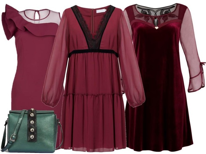 Modnie z polską metką. STYLIZACJA: sukienka z asymetryczną falbaną- Modern Line/modernline.pl, sukienka z koronkowym dekoltem- Cotton Club/cottonclub.pl, welurowa sukienka- Trynite/trynite.pl, torebka- Boca/boca.pl