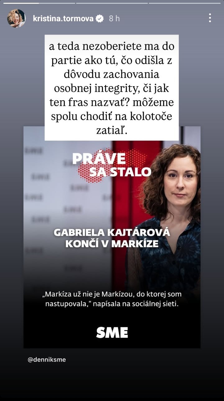 Kristína Tormová vtipkovala po konci Gabriely Kajtárovej v Markíze. 