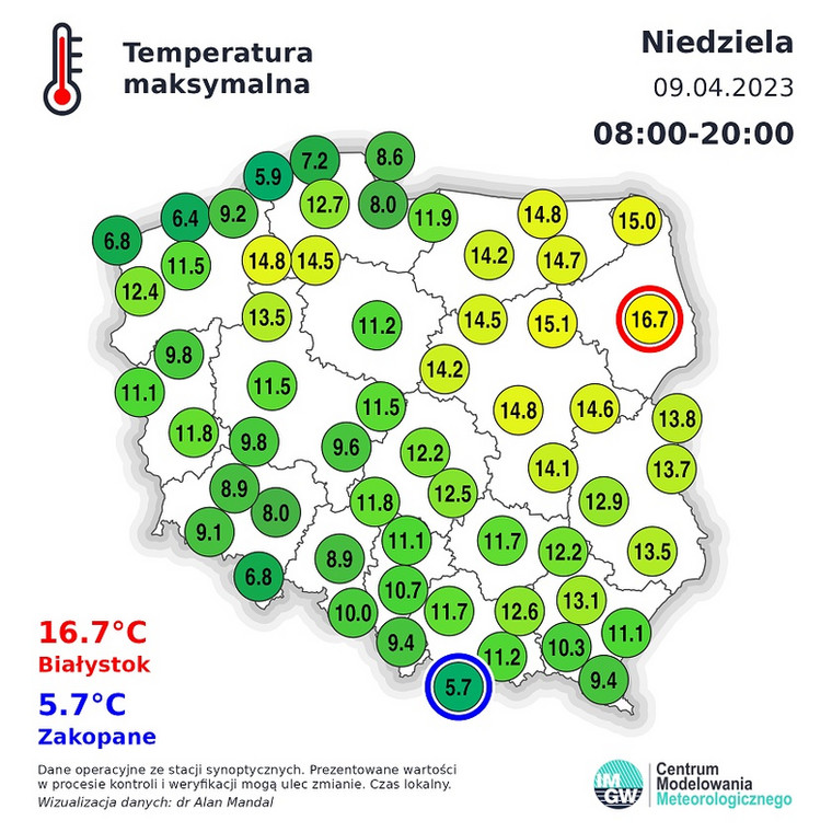 Temperatura w Polsce w czwartek, 20 kwietnia, o godz. 14.00.