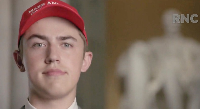 Nicholas Sandmann pictured in a Republican National Convention video from 2021, wearing a MAGA hat.