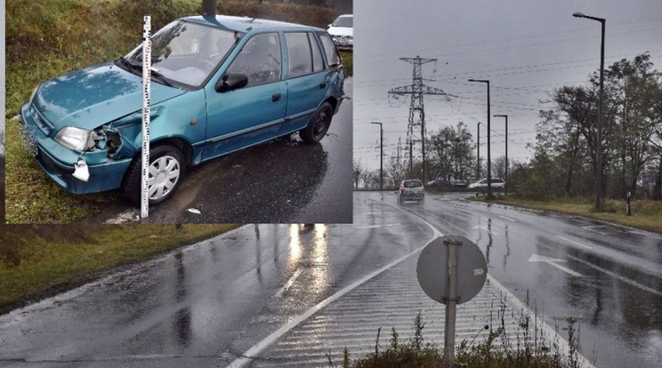 A karambol hatására a személyautó a főút padkájára sodródott és egy oszlopnak csapódott /fotó: police.hu