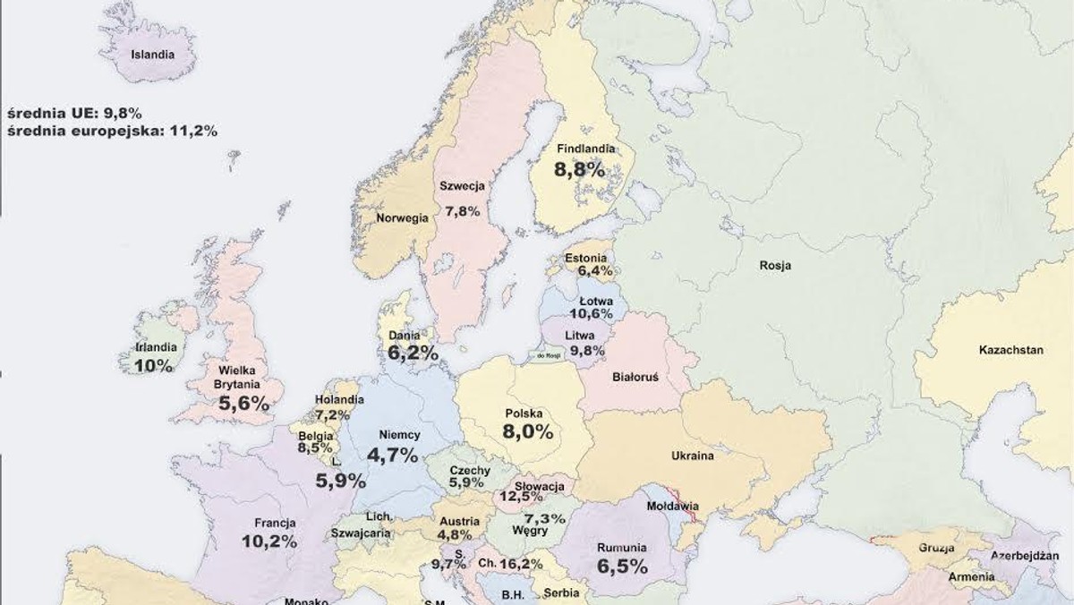 Bezrobocie w Europie według danych Eurostatu mapa grafika 