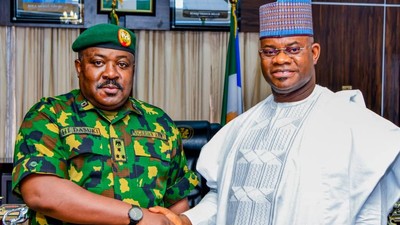 Gov. Yahaya Bello of Kogi (left) in shaking hand shake with the new Commander 12 Brigade Nigerian Army Lokoja during his courtesy visit to the Governor at Government House Lokoja. [NAN]