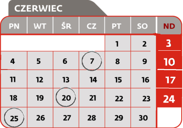 <strong>7 czerwca</strong>

<br>Termin złożenia deklaracji CIT-7
<br>Termin przekazania przez płatnika, o którym mowa w art. 26 ust 1 CIT, pobranego zryczałtowanego podatku
<br>Termin przekazania przez płatnika podatku od należności wypłaconych osobom niemającym w RP miejsca zamieszkania/siedziby z tytułu art. 21 ust 1 i art. 22 ust 1 CIT
<br>Termin płatności podatku w formie karty podatkowej
<br>Termin wpłaty pobranego przez płatnika podatku PCC, SD
<br>Termin złożenia przez płatnika deklaracji: PCC-2, SD-2<br><br>
<strong>20 czerwca</strong>

<br>Termin złożenia informacji CIT-ST
<br>Termin płatności zaliczki CIT
<br>Termin płatności zaliczki CIT w formie uproszczonej
<br>Termin płatności zaliczki PIT wg skali podatkowej
<br>Termin płatności zaliczki PIT podatek liniowy
<br>Termin płatności zaliczki PIT w formie uproszczonej
<br>Termin płatności zaliczki PIT przez podatników uzyskujących dochody bez pośrednictwa płatnika
<br>Termin płatności ryczałtu od przychodów ewidencjonowanych
<br>Termin wpłaty pobranych przez płatnika zaliczek PIT i zryczałtowanego podatku PIT od kwot wypłaconych<br><br>
<strong>25 czerwca</strong>

<br>Termin złożenia informacji VAT-27
<br>Termin złożenia deklaracji VAT-7
<br>Termin złożenia deklaracji VAT-8 - przy wewnątrzwspólnotowym nabyciu powyżej 10000 Euro
<br>Termin złożenia deklaracji VAT-9M
<br>Termin złożenia deklaracji VAT-12 w zakresie usług taksówek osobowych opodatkowanych w formie ryczałtu
<br>Termin złożenia deklaracji VAT-13 - rozliczenie transakcji wewnątrzwspólnotowych dostaw towarów podatników, którego dokonuje przedstawiciel podatkowy w imieniu własnym i na rzecz podatników
<br>Termin płatności podatku VAT
<br>Termin złożenia deklaracji VAT-UE WYŁĄCZNIE drogą elektroniczną