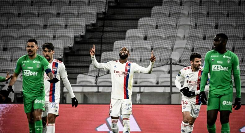 Moussa Dembele celebrates after converting his penalty for Lyon Creator: JEFF PACHOUD