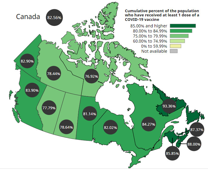 Poziom zaszczepienia jedną dawką w poszczególnych prowincjach Kanady
