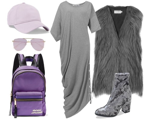 Modne drapowania na jesień 2018: sukienka-Bastet/bastetfashion.pl, kamizelka-Cotton Club/cottonclub.pl, buty-Caprice/caprice.pl, plecak, dodatki-TK Maxx