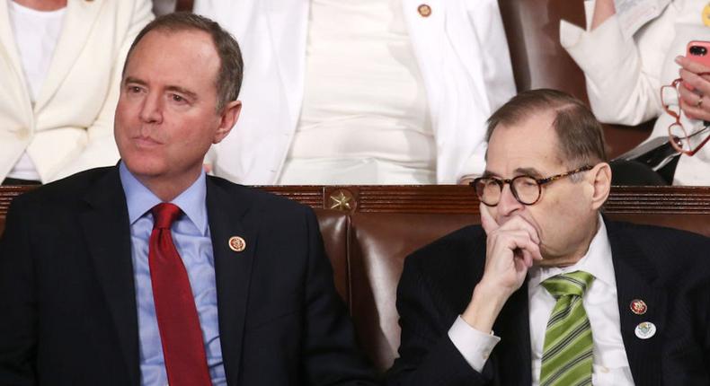 Democratic Reps. Adam Schiff of California and . Jerry Nadler of New York attend the 2020 State of the Union.
