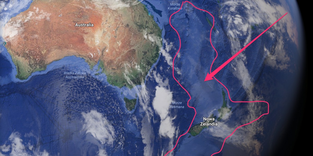 Nad powierzchnię wody wystają Nowa Zelandia i Kaledonia