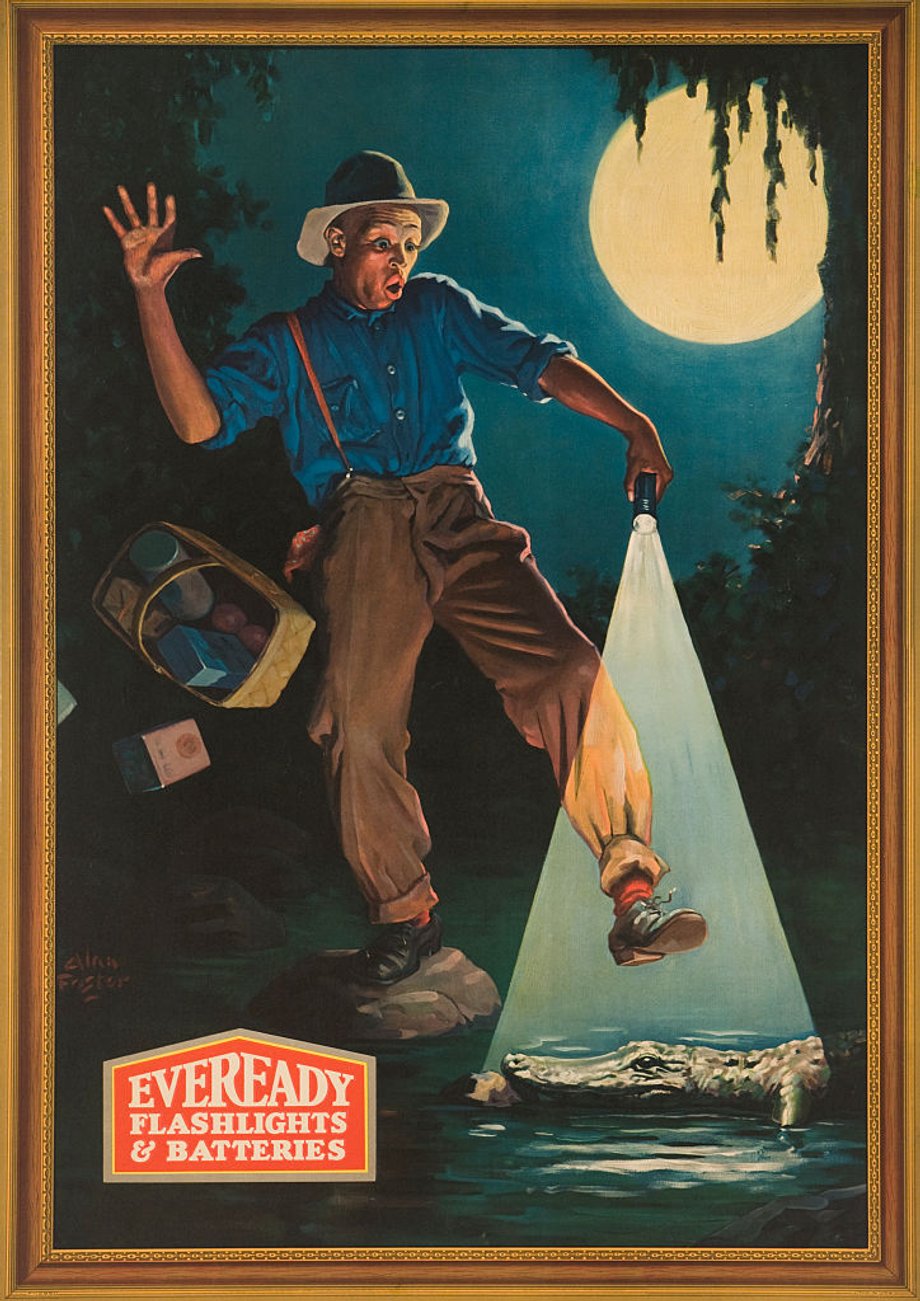 Plakat z 1900 r. reklamujący baterie i latarki firmy Eveready Battery Company, dziś znanej pod marką Energizer. 