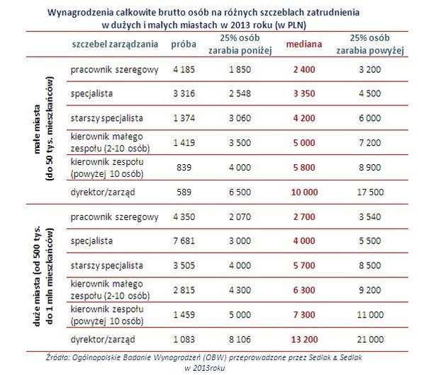 Wynagrodzenia całkowite brutto osób na różnych szczeblach zatrudnienia w dużych i małych miastach w 2013 roku (w PLN)