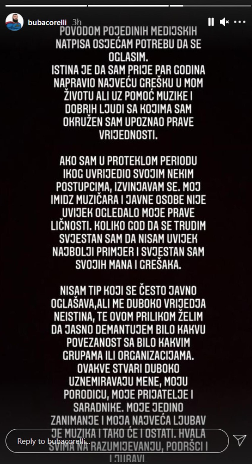 Buba Koreli, objava na društvenim mrežama