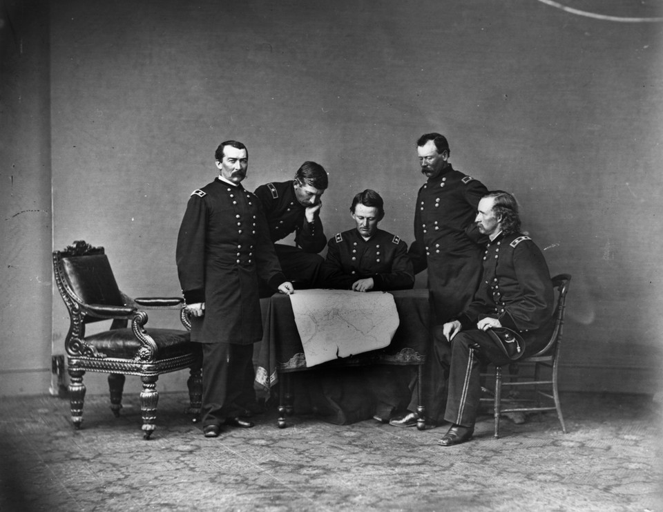 Ok. 1875. Philip Sheridan, James W. Forsyth, Wesley Merrit, Thomas C. Devin i George Armstrong Custer - generałowie Unii w wojnie secesyjnej