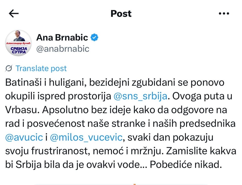 Ana Brnabić, objava