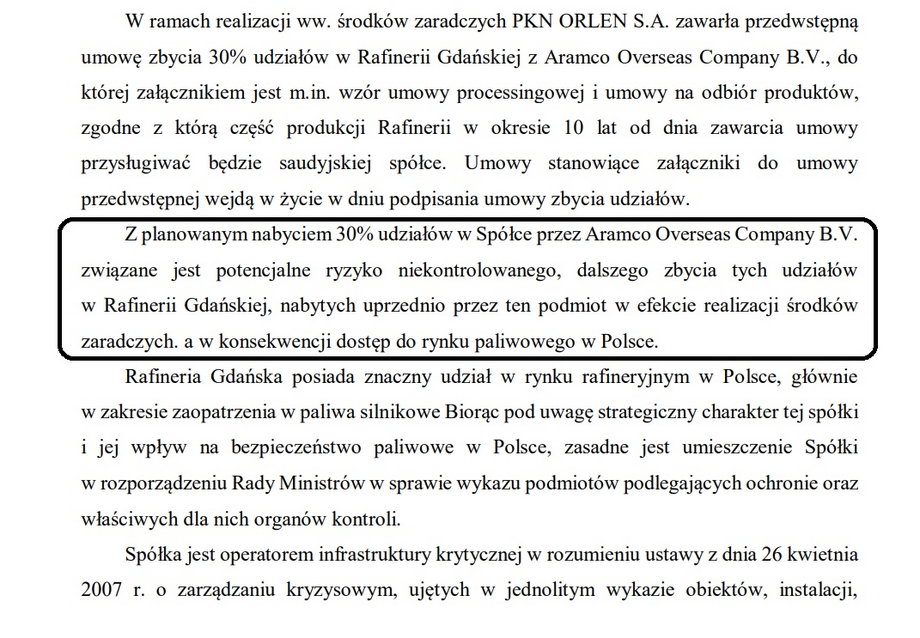 Fragment uzasadnienia decyzji o wpisaniu Rafinerii Gdańskiej na nową listę podmiotów podlegających ochronie