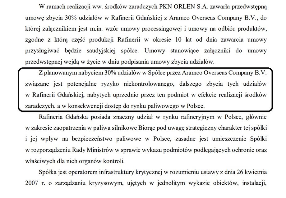 Fragment uzasadnienia decyzji o wpisaniu Rafinerii Gdańskiej na nową listę podmiotów podlegających ochronie