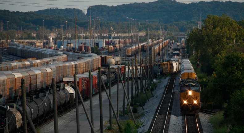 Freight trains sit parked in a railroad yard ahead of a potential rail workers union strike in Louisville, Kentucky on Sept. 14, 2022.The Washington Post via Getty Images