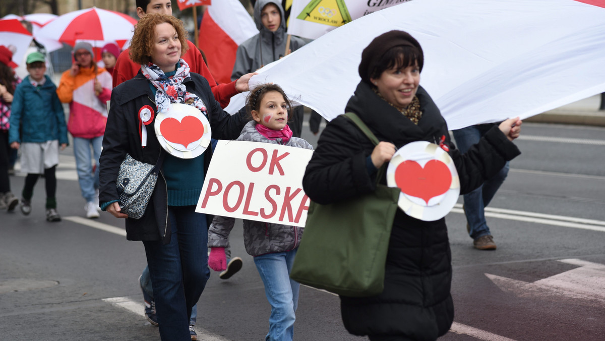 Kilka tysięcy osób - dzieci i młodzież szkolna, harcerze, kombatanci i przedstawiciele władz miejskich i wojewódzkich - wzięło udział w 14. Radosnej Paradzie z okazji Święta Niepodległości, która dzisiaj przeszła przez centrum Wrocławia.