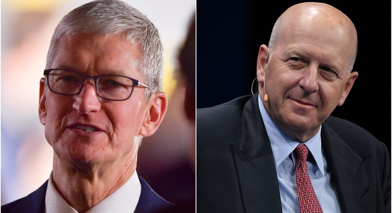 Apple CEO Tim Cook (left) and Goldman Sachs CEO David Solomon.
