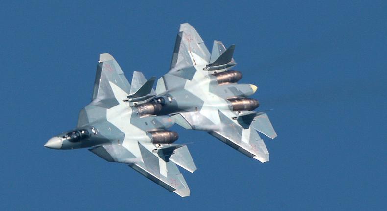 Sukhoi Su-57 jet multirole fighter aircraft in flight