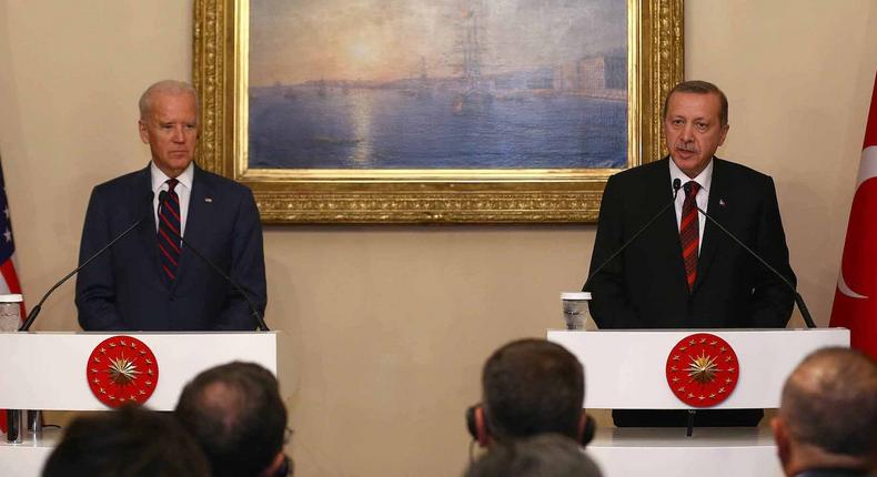 Then-Vice President Joe Biden with Turkish President Recep Tayyip Erdogan at a press conference after a meeting at the Beylerbeyi Palace in 2014 in Istanbul.
