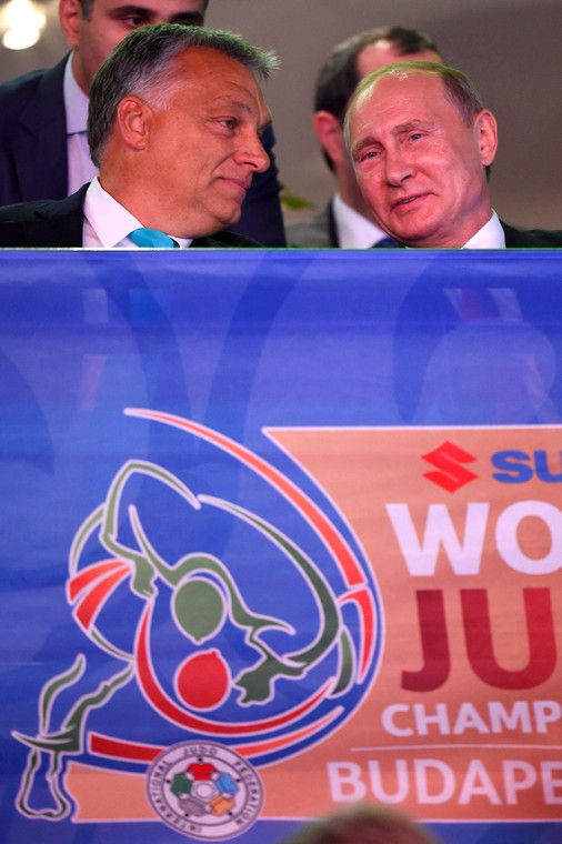 Viktor Orban i Władimir Putin podczas otwarcia Mistrzostw Świata w Judo w Budapeszcie. 2017 r.