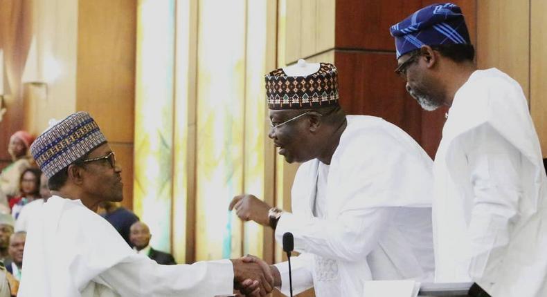 President Muhammadu Buhari, President of the Senate Ahmad Lawan and Speaker of the House of Representatives Hon. Femi Gbajabiamila at the presentation of 2020 Budget on the floor of the Senate. [Twitter/@DrAhmadLawan]