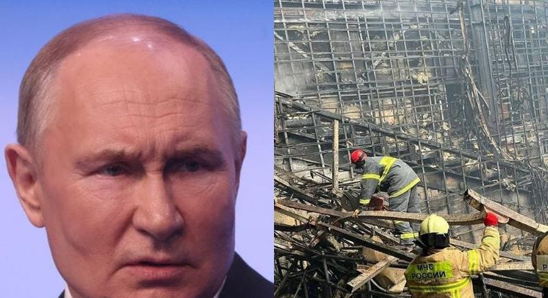 L: Russian President Vladimir Putin speaks during his press conference at his campaign headquarters in March, 2024, in Moscow, Russia. R: A view of the damage at Crocus City Hall concert venue near Moscow, Russia after a terrorist attack on March 23, 2024. Anadolu/Getty Images