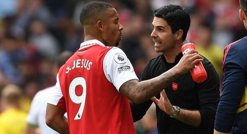 Gabriel Jesus with Arsenal's coach Mikel Arteta