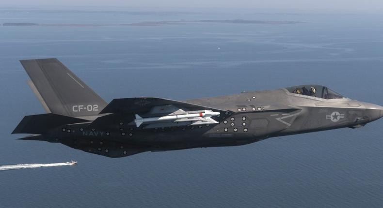 An F-35 Lightning II Carrier Variant (CV) piloted by U.S. Marine Corps Maj. Robert