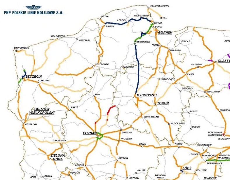 Inwestycje infrastrukturalne zawarte w Programie. Polska płn-zachodnia. Na żółto - projekty realizowane do 2013 roku; na pomarańczowo – projekty realizowane w ramach perspektywy 2014-2020. Inne kolory – perspektywa 2021-2027.  Źródło: PKP Polskie Linie Kolejowe