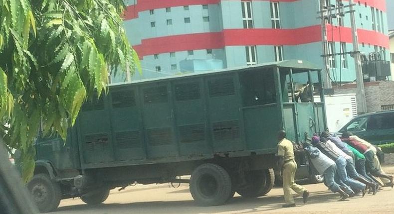 A broken down prison truck