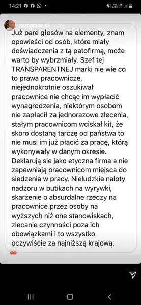 Zarzuty wobec Elementów opublikowane anonimowo na stories @basnictvi i @patopracax2