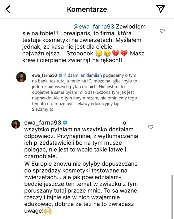 Ewa Farna odpovídá uživateli