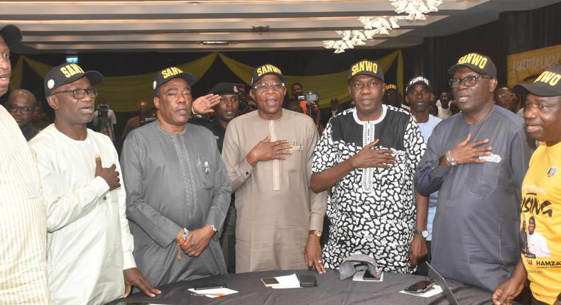 From left, Former Lagos State Commissioner of Police, Hakeem Odumosu; All Progressive Congress (APC), Zonal Organizing Secretary, Southwest, Mr Lateef Ibirogba; Director General of the Lagos State APC Campaign Council, Senator Ganiyu Solomon; APC Chairman in Lagos, Pastor Cornelius Ojelabi; Lagos Commissioner for Housing, Mr Fatai Akinderu; APC Publicity Secretary in Lagos, Mr Seye Oladejo and Commissioner for Information and Strategy, Mr Gbenga Omotoso during the flag off of the Governorship Campaign Press Conference Organised by the APC Campaign group in Lagos on Wednesday (30/11/22).