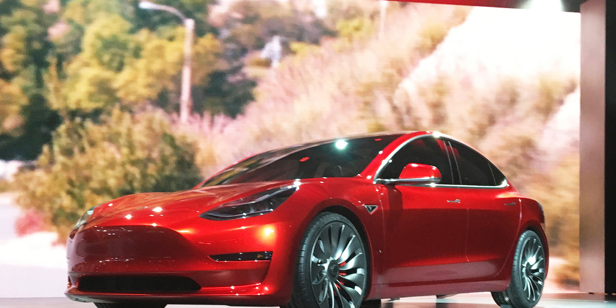 A Tesla Model 3 sedan during its launch in Hawthorne, California, on March 31.