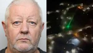 Andrew Wilson, and a screenshot from a video of him pointing a laser at an aircraft. Courtesy of Avon and Somerset Police