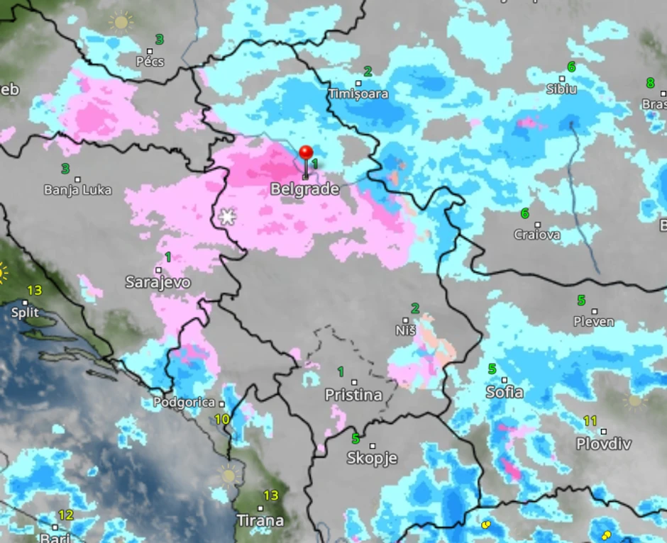 Kretanje padavina u Srbiji sutra u 14 časova