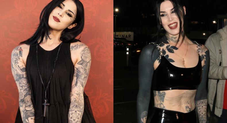 Kat Von D with her tattoos in 2017 (left) and with blackout ink in 2023 (right).Rosdiana Ciaravolo/Wil R/Star Max/Getty Images