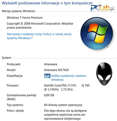 Na dysku zainstalowano Windows 7 Home Premium w wersji 64-bitowej. Jest 6 GB pamięci, co powinno wystarczyć nawet zapalonym graczom